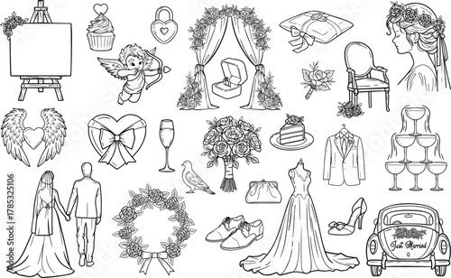 Wedding hand drawn design elements isolated on white background.