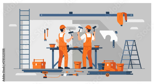 Flat vector illustration of two faceless construction workers in orange overalls inside a workshop