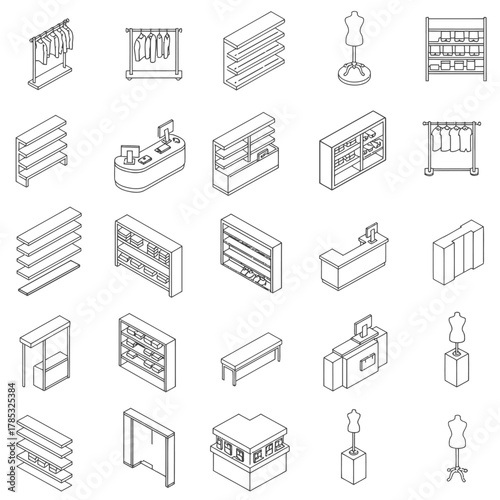 store fixtures isometric outline illustration of retail displays ideal for visualizing shop layouts and promotional material enhancing visual communication.