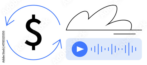 Dollar surrounded by arrows, a cloud, and a play button with an audio waveform. Ideal for concepts thumbs up cloud technology, streaming, finance, subscriptions, automation, payment systems digital