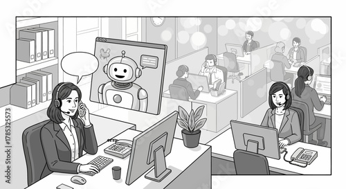 customer service agent working in a call center with ai chatbot support providing efficient help desk support illustrating technology  customer care
