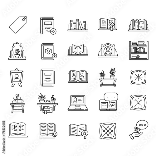 book icons showcasing reading and literature for online courses libraries and educational content conveying knowledge with simple line art style.
