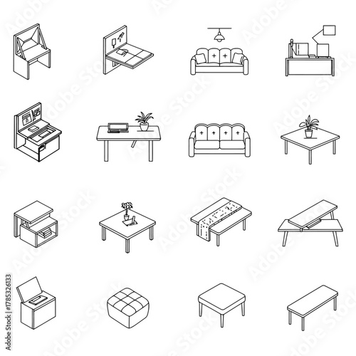 Isometric furniture line drawing interior design elements for home furnishing concepts enhancing minimalist living spaces and showcasing spatial arrangements
