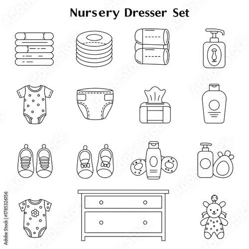 nursery dresser set with baby accessories diapers lotions and clothes perfect for showcasing baby care product catalogs and nursery design ideas.