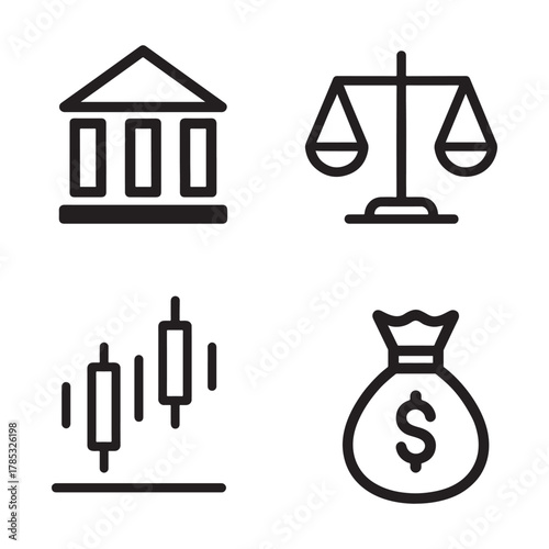 Financial And Legal Icons Set Representing Banking Justice Stock Market and Wealth Management Minimalist Design