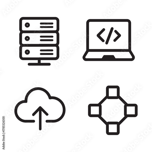 Minimalist Data and Network Concept Featuring Server Laptop Cloud Upload and Connection Icons for Modern Technology Design