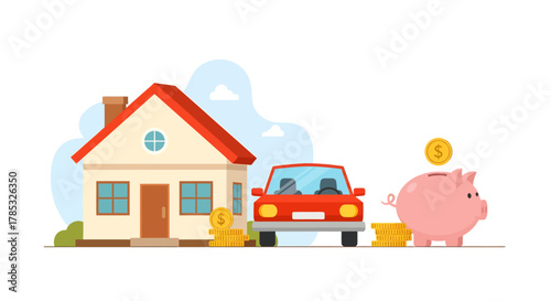 Financial goals concept with piggy bank, house, and car. Vector illustration of saving money for home and auto purchase on a white background