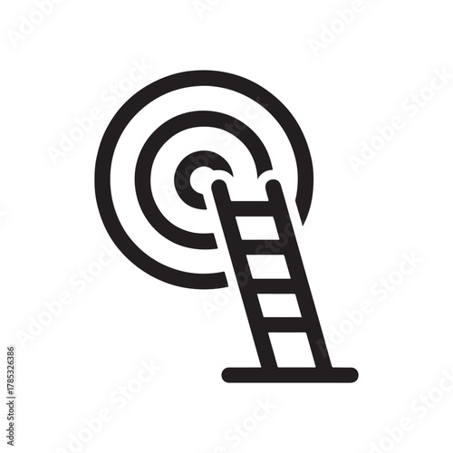 Reaching targets with a ladder illustration showing goal achievement and success aspirations depicting business strategy with focused effort silhouette on white background