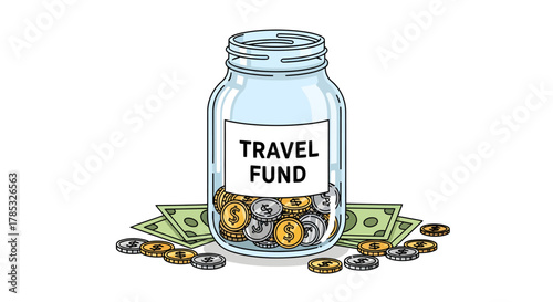 Saving Money for Travel Jar Filled with Coins and Banknotes for Your Dream Vacation Fund