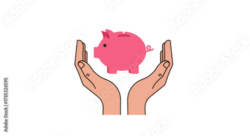 Hands protecting piggy bank illustration Symbolizing financial security, savings, and investment, white background