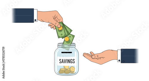 Conceptual illustration of financial planning hand deposits cash into a savings jar labeled 'Travel Fund', symbolizing saving for future journeys