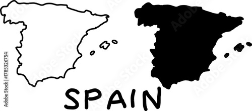 Minimalist map of Spain in black and white silhouette style, showing mainland and islands, perfect for travel, geography, or education design use.