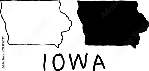 Black and white silhouette map of Iowa state, USA. Minimalist vector outline and filled shape perfect for geography, education, design, and infographic use.
