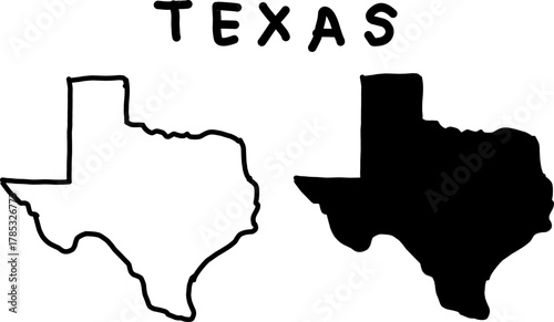 Black and white minimalist map silhouette of Texas, showing state borders in outline and solid fill, ideal for design, education, and geography projects.