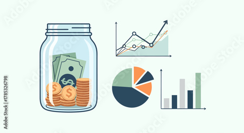 Vector illustration of financial savings in a glass jar, juxtaposed with data visualization charts, representing investment growth, economic analysis, and market trends
