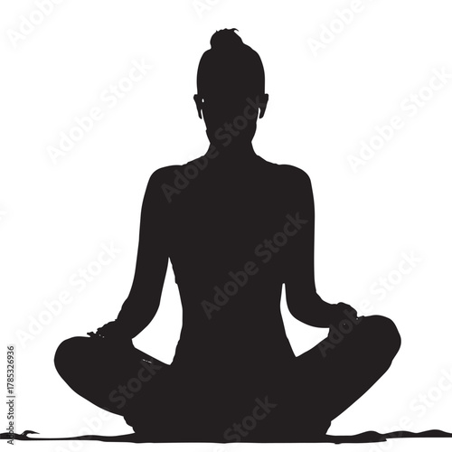 Silhouette of a woman sitting in lotus yoga pose, peaceful and centered, minimal clean lines, white background, perfect balance and proportion,