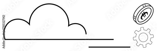 Cloud formation connects with cogwheel and cryptocurrency coin, emphasizing digital tools, blockchain, fintech, and distributed systems. Ideal for technology, blockchain, cloud computing, fintech