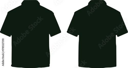 The image presents a pair of identical dark green polo shirts, arranged to showcase both the front and back views.