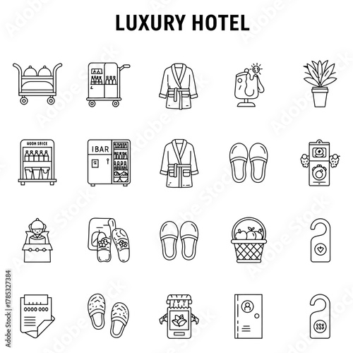 Luxury hotel icons depicting premium amenities and services enhancing hospitality marketing material ideal for travel brochures online booking platforms and ads