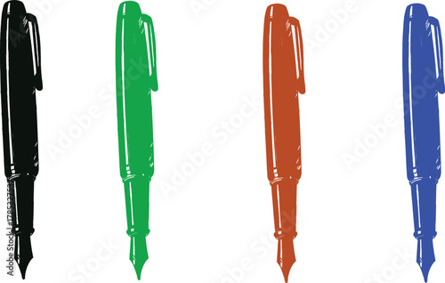 The image showcases a collection of four uncapped fountain pens arranged in a horizontal line against a clean white background.