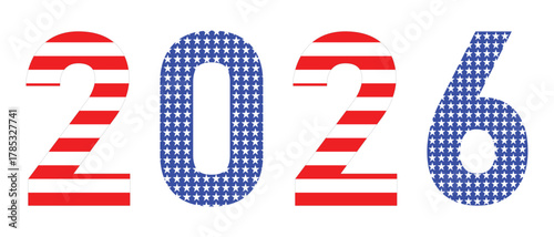 patriotic 2026 text icon in american flag style, featuring stars and stripes design. usa independence day celebration number typography for 4th of july, election, or national holiday themes.