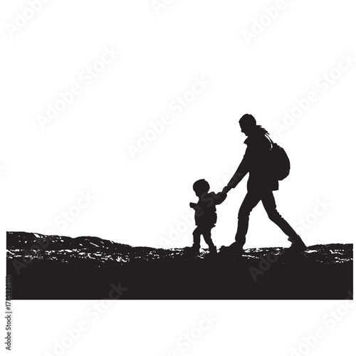Silhouette of a parent holding a child’s hand while walking, emotional and family-themed, simple horizon line, white background,