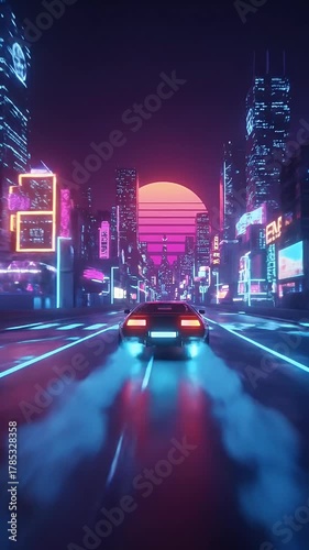 Retro Car Drives Through Neon City At Sunset