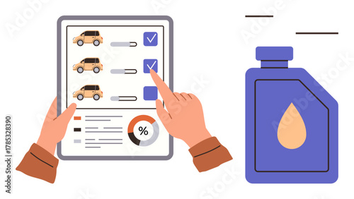 Checklist with cars, progress bars, and pie chart beside oil container. Ideal for car maintenance, inspection, repair, industry, logistics service tracking planning. Simple flat metaphor