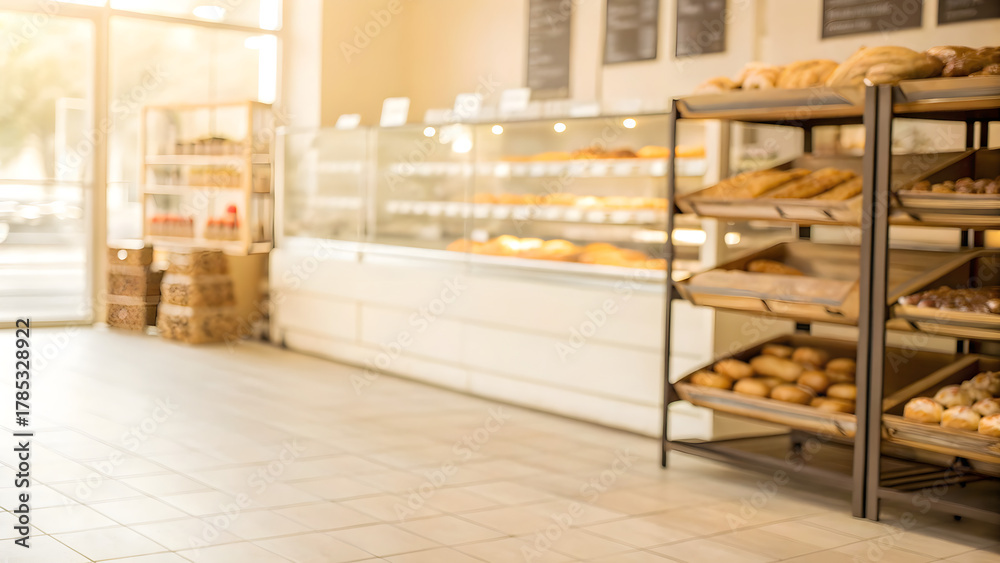 Fototapeta premium Blurred bakery interior, fresh bread on shelves, warm sunlight