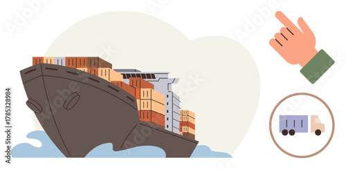 Large cargo ship carrying containers navigating sea, side elements of a hand gesture and a truck. Ideal for trade, shipping, logistics, supply chain, export, import, transportation simple flat