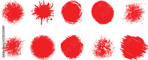 Brush stroke texture circle red hand drawn element set. Hand drawn brush stroke calligraphy rough line frame. Texture stroke red circle background. Abstract stain grunge style.