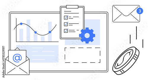 Graph on monitor, checklist clipboard, envelopes with notifications, coin, gear. Ideal for business, analysis, communication teamwork finance productivity organization. Simple flat metaphor