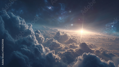 Fototapeta Naklejka Na Ścianę i Meble -  Bright sky sunrise through fluffy clouds heaven scene