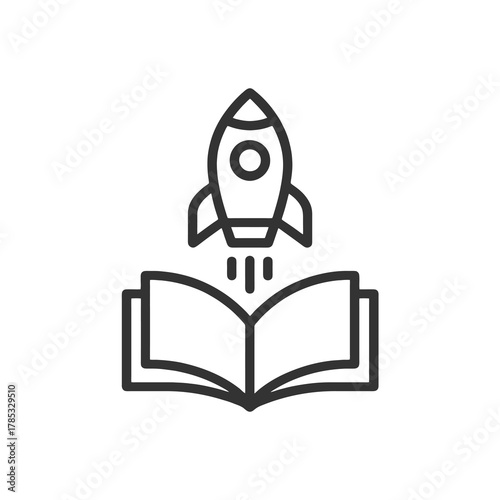 Minimalist line vector of a rocket taking off from a book in square pin shape, representing innovation, self-improvement, and personal development.
