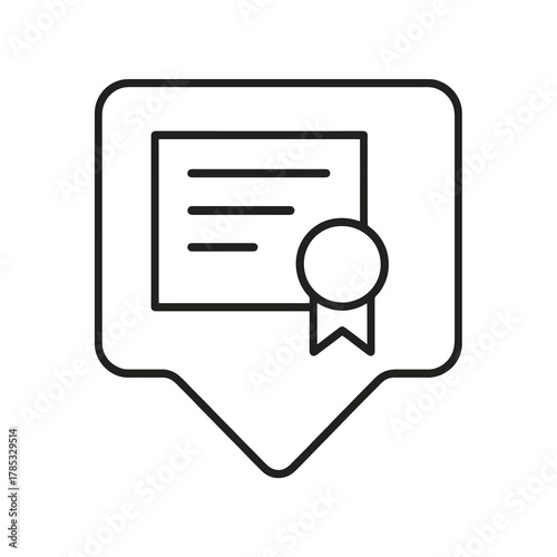 Minimalist line vector of a certificate with a badge in a square pin, representing certification, accomplishment, and skill validation.
