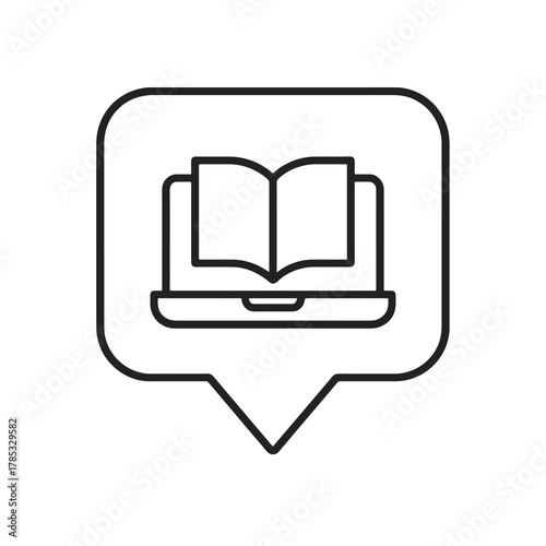 Minimalist line vector of a laptop showing an open book in square pin shape, representing online study, self-improvement, and course development.