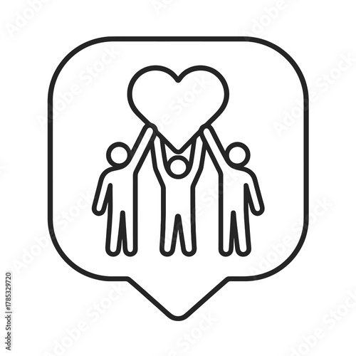 Thin-line group lifting heart icon inside a square pin, symbolizing unity and collective volunteering. Perfect for charity and community dashboards.