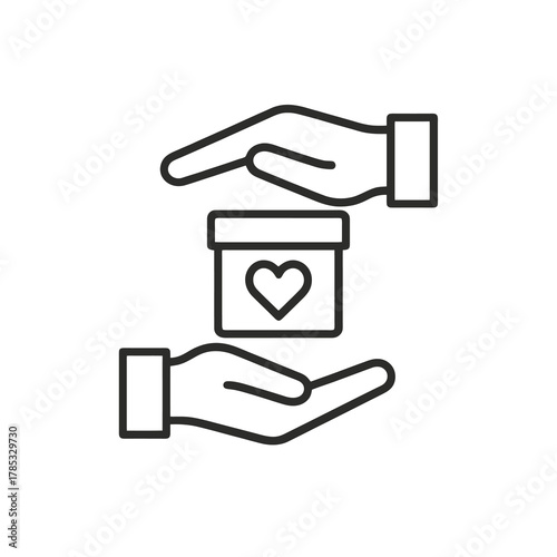 Minimalist line vector of two hands sharing a heart-marked box in square pin shape, representing generosity, social aid, and humanitarian connection.