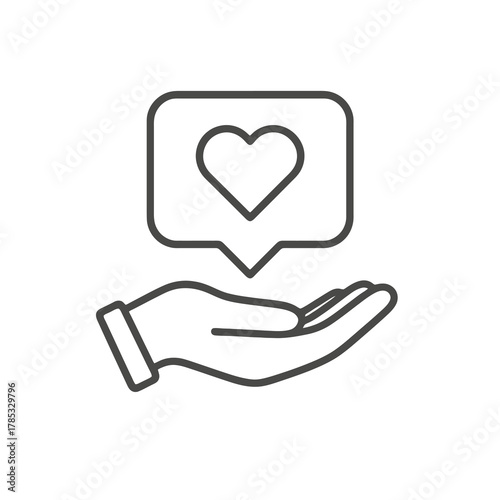 Thin-line helping hand with chat icon inside a square pin, symbolizing empathy and client care. Perfect for customer experience and service dashboards.