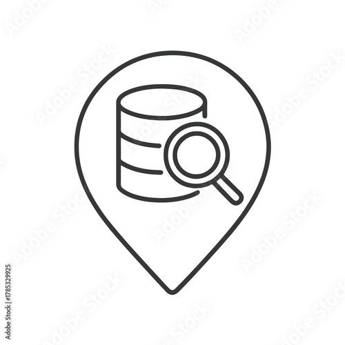 Thin-line data mining icon inside a circular pin, representing database search and analytics research. Ideal for BI tools and system dashboards.