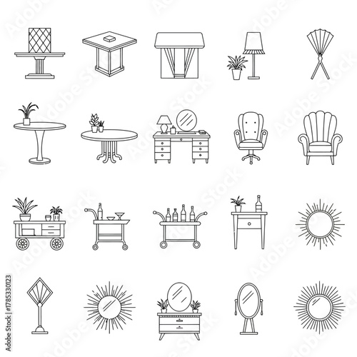 furniture icons diverse home decor line drawings include tables chairs mirrors  carts for interior design illustration decoration and vintage style