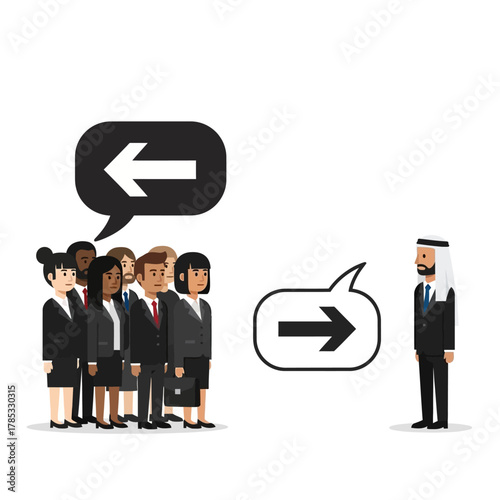 Business Teams Divergent Opinions Facing an Arab Businessman.