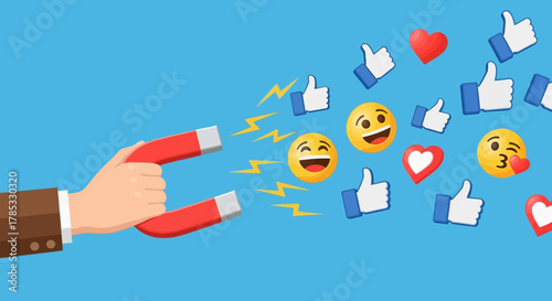 Businessman hand holding a magnet attracting social media likes and emojis.