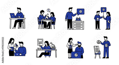 Collection of business people working and interacting in various office settings.