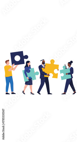 Diverse Team Assembling Puzzle Pieces for Collaboration and Problem Solving.