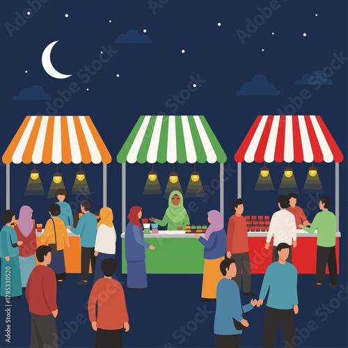 Night Market Scene with Crowds and Colorful Stalls.
