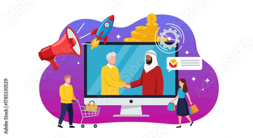 Online Business Deal Illustration with Handshake and Shoppers.