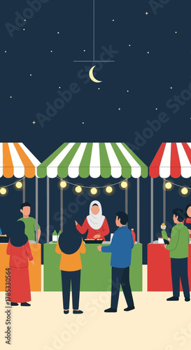 People enjoying a vibrant night market with various stalls.