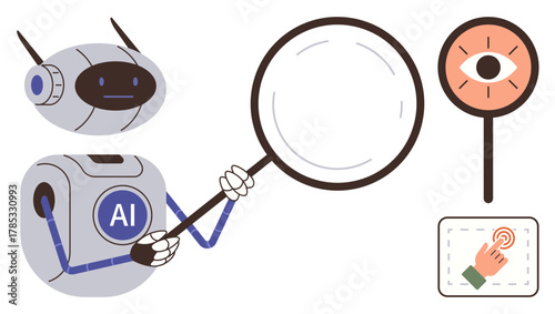 Robot with AI label holding magnifying glass investigating data, visual analysis icon with eye, and touchscreen interaction panel. Ideal for technology, innovation, automation, research, analysis