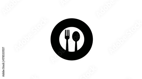 Simple black and white food icon with fork and spoon in a circle, ideal for restaurant, dining, or menu design